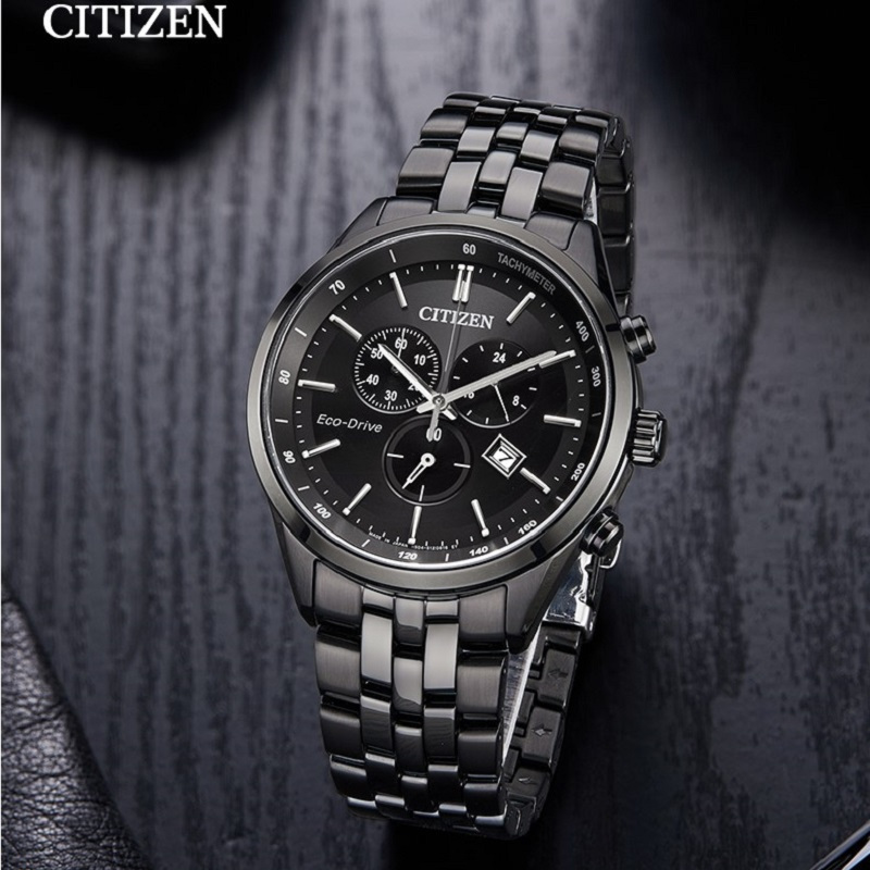 国行西铁城citizen手表光动能三眼日显黑盘不锈钢带时尚商务男表at2