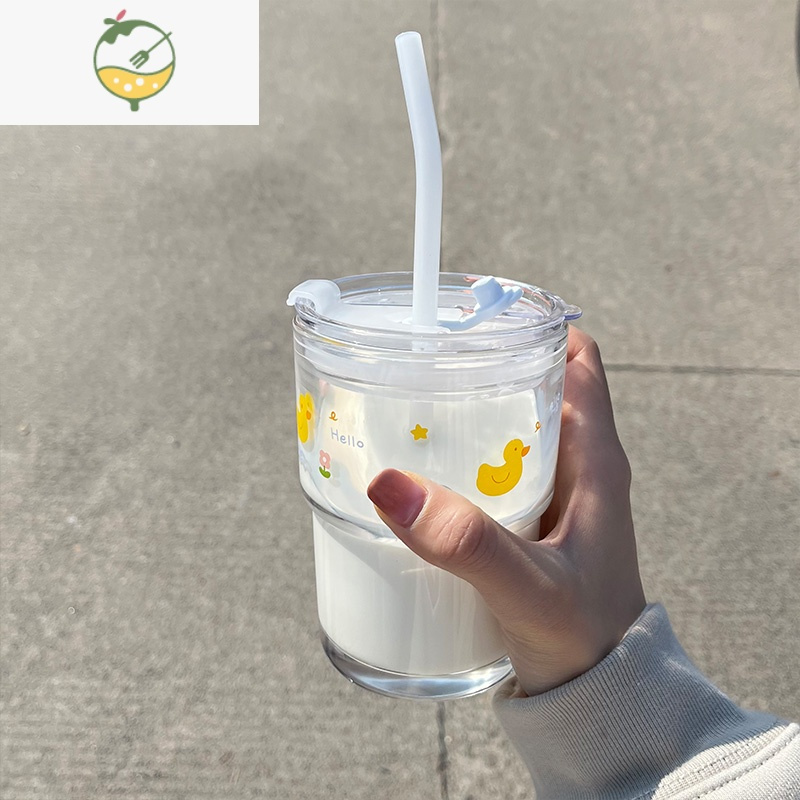 YICHENG玻璃杯女带吸管式便携可爱水杯早餐牛奶少女心ins风学生网红杯子