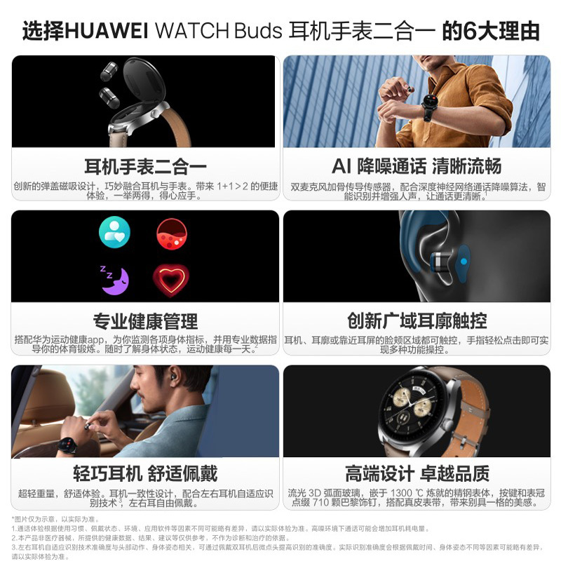 华为/HUAWEI WATCH Buds 耳机手表二合一 智能手表无线耳机 黑色不锈钢表壳 黑色真皮表带 血氧心率睡眠监测 AI降噪通话 专业健康管理 HarmonyOS 3