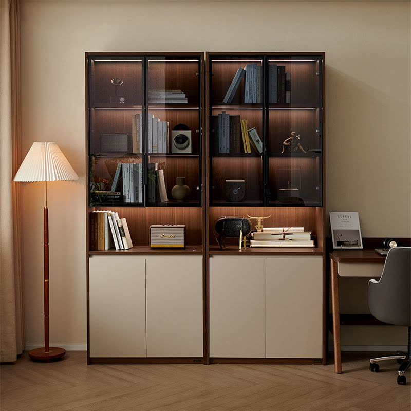 全友家居新中式书柜玻璃展示柜书房文件柜落地靠墙收纳储物柜图片