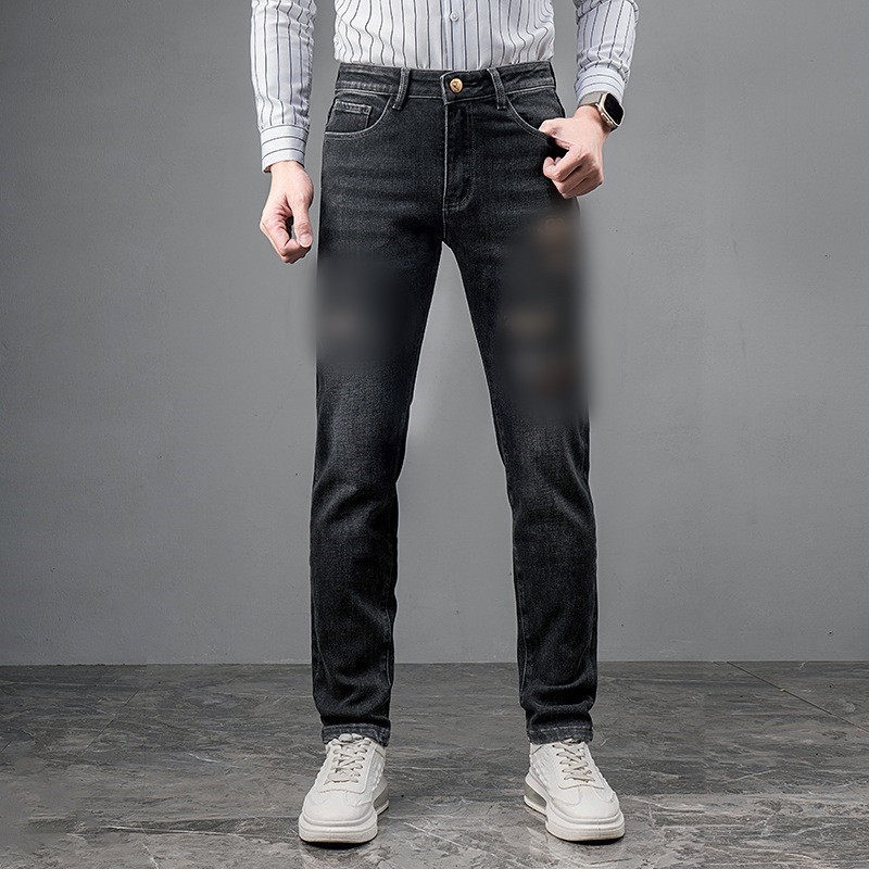 新品欧货牛仔裤修身款男潮流时尚轻奢加绒保暖弹力刺绣长裤子高清大图