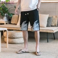 中国风男装裤子男短裤民族风棉麻亚麻五分裤子男黑色