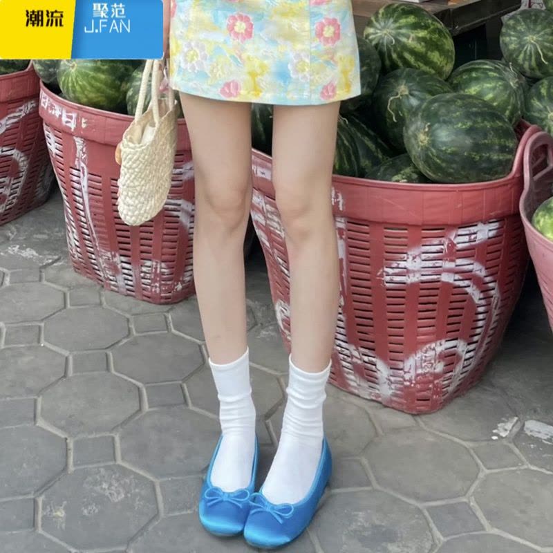 聚范EMEAN圆头芭蕾舞单鞋女2024新款缎面舒适平底一脚蹬奶奶鞋子图片