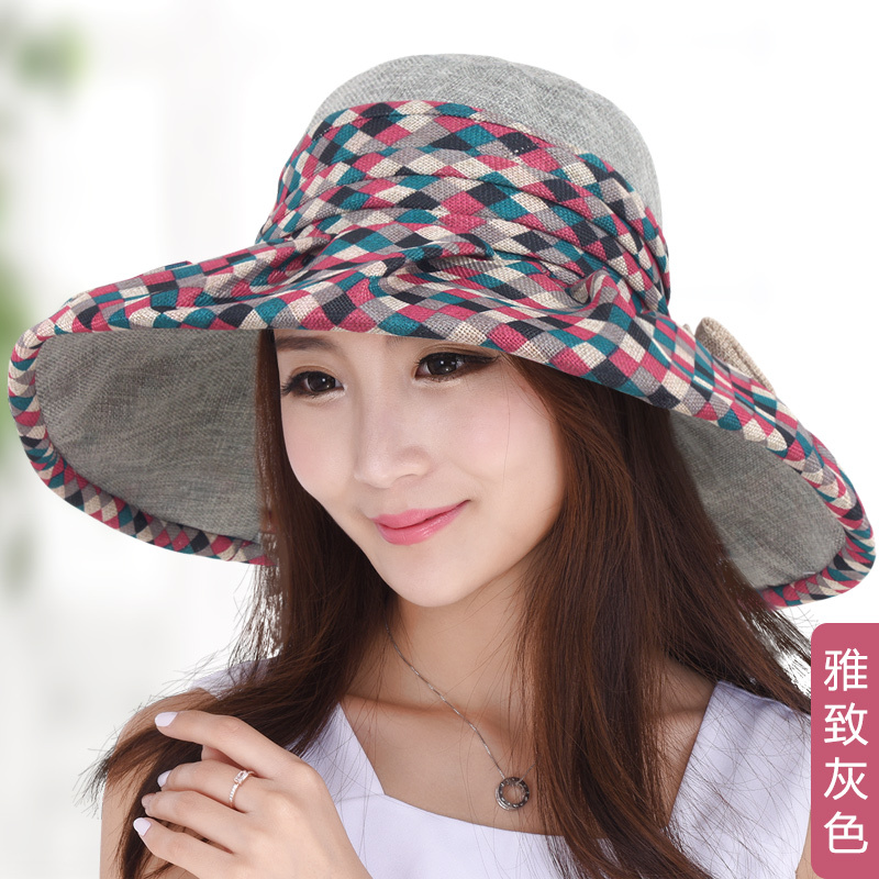 尼曼帽子女夏天遮阳帽大檐亚麻太阳帽韩版时尚折叠沙滩帽户外防晒凉帽
