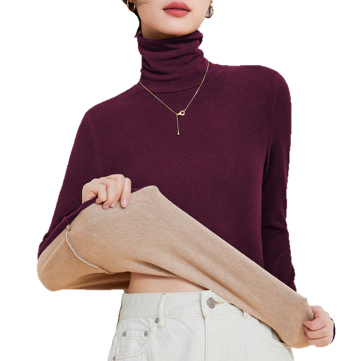 蚕丝暖绒堆堆领秋衣女上衣羊毛保暖内衣加厚加绒发热打底衫冬季高清大图