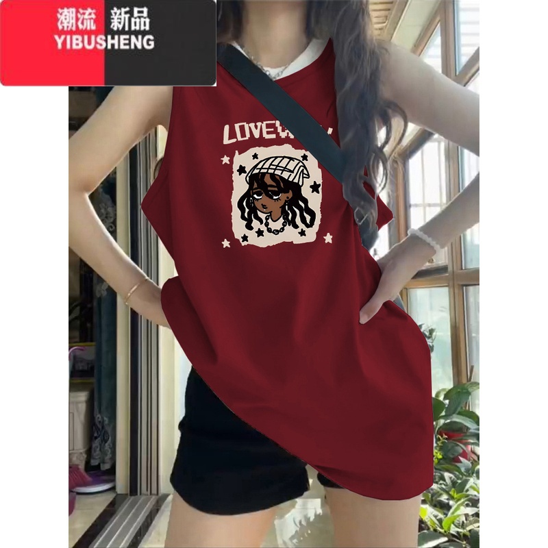 YIBUSHENG美式复古坎肩背心t恤女季外穿高级感中长款宽松无袖上衣服高清大图