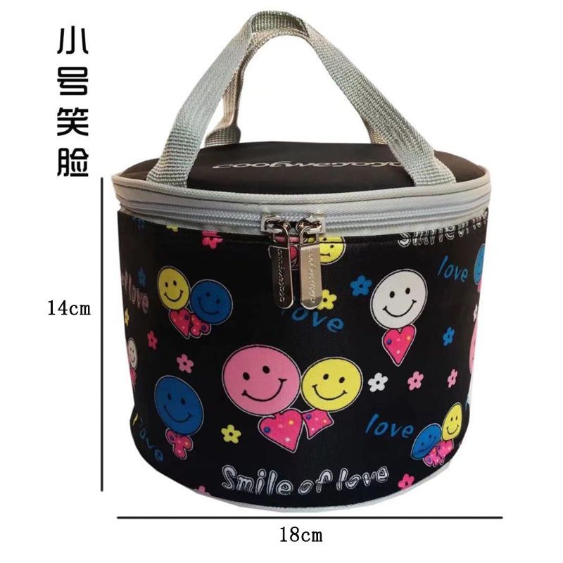 圆形饭盒袋保温桶套手提便当包加厚保温袋带饭包装碗午餐袋圆筒形 小号笑脸