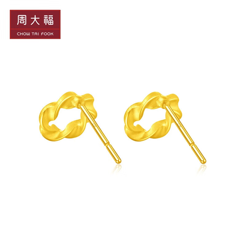 新款 周大福百搭麦穗扭纹花环足金黄金耳环女计价(工费:88元)eof780