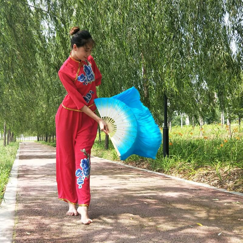 双面舞蹈扇子成人加长表演出海派秧歌扇子长绸扇彩色渐变扇跳舞扇 三维工匠 骨长33飘30湖蓝倒染左手高清大图