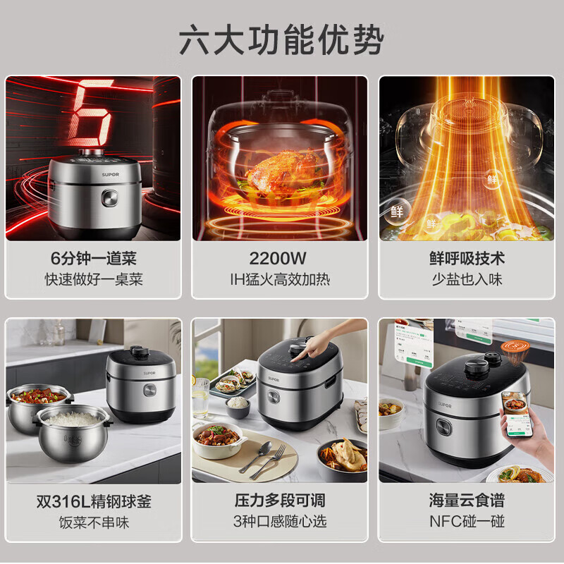 苏泊尔电压力锅家用高端智能鲜呼吸球釜IH电磁加热多功能预约定时米饭锅 SY-50FH71Q[2200W双胆] 5L高清大图