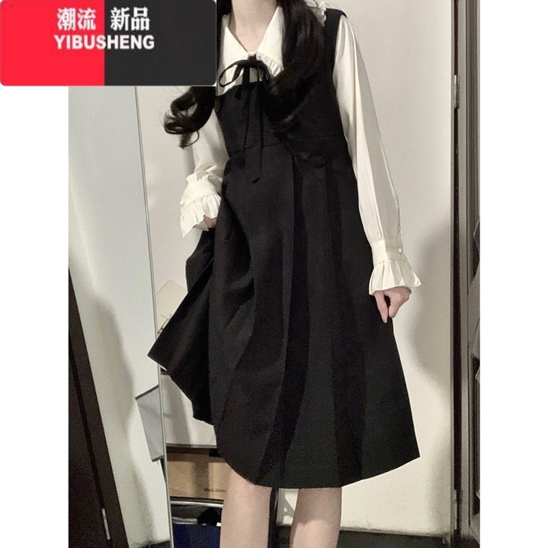 YIBUSHENG日系学院风小个子背带裙两件套女春秋奶乖裙学生娃娃领衬衫连衣秋 2XL建议125-140斤 黑色背带裙单件