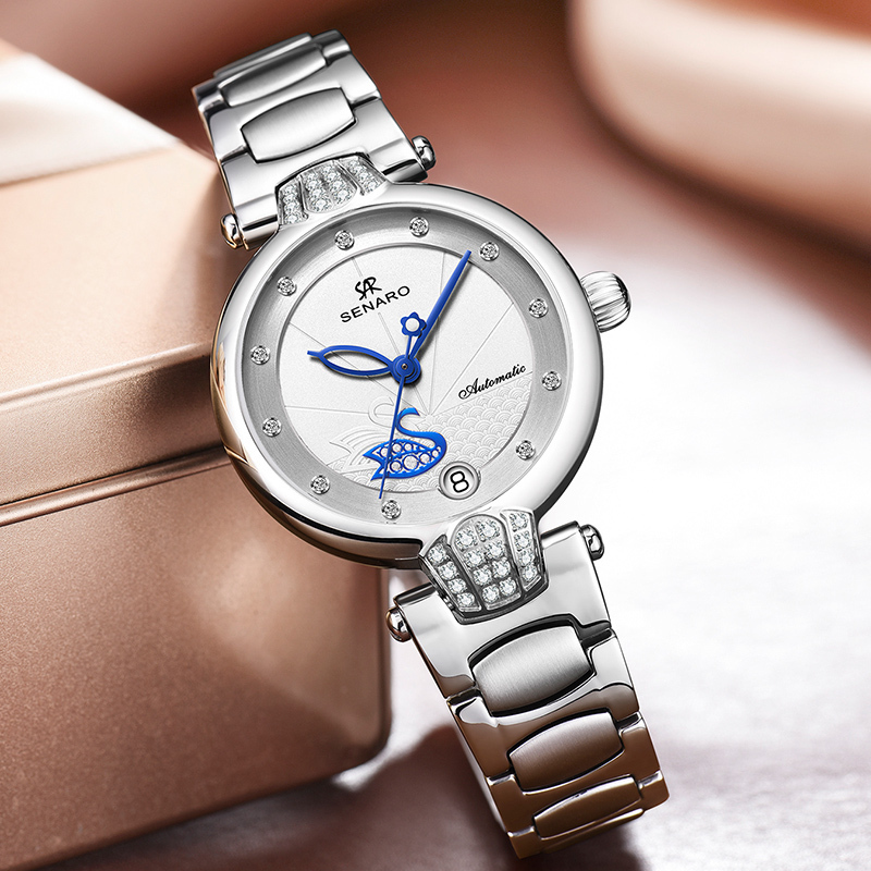 圣雅诺shenaro手表女士全自动机械表女表防水女士钢带日历时尚潮流女