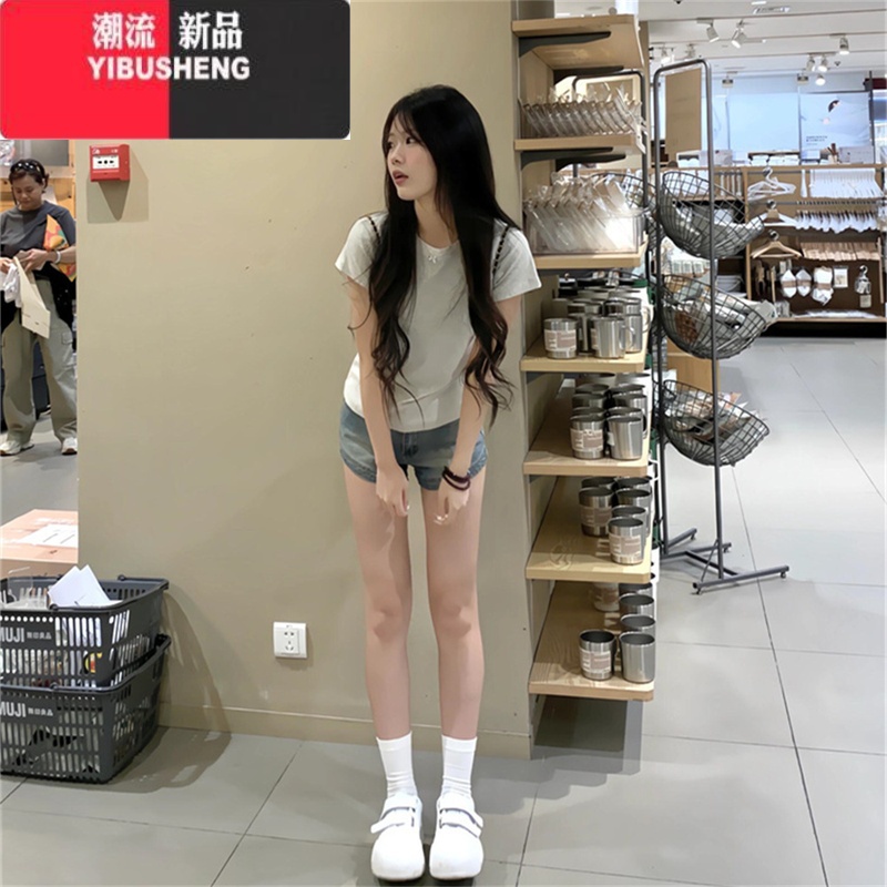 YIBUSHENG2024新款正肩短袖T恤女季小个子短款修身显瘦学生打底上衣高清大图
