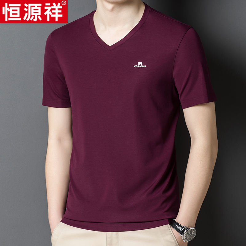 恒源祥中年男士v领短袖t恤夏季薄款宽松大码爸爸上衣含桑蚕丝半袖
