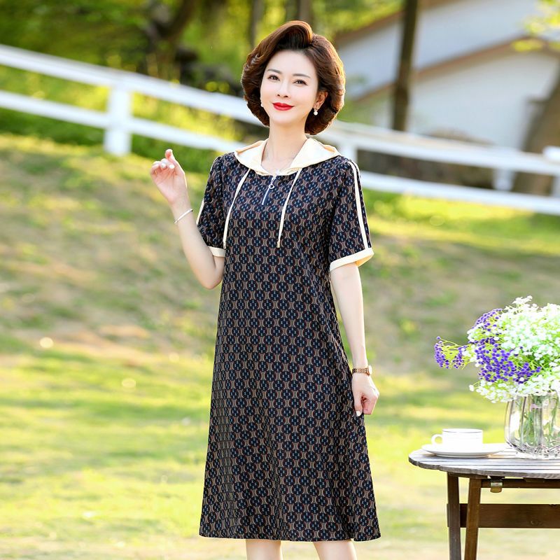 斯尔丽妈妈洋气休闲连衣裙中年妇女装夏装中老年气质直筒裙子高