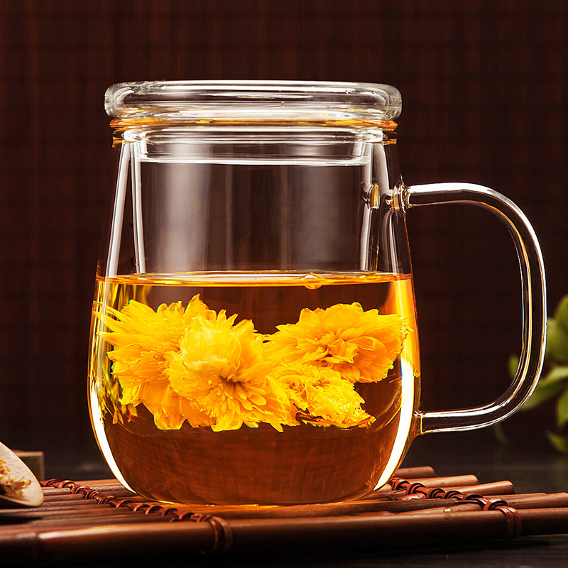 宜可 加厚玻璃杯 花茶杯水杯茶具杯子女喝水带盖茶杯 办公室过滤泡茶杯