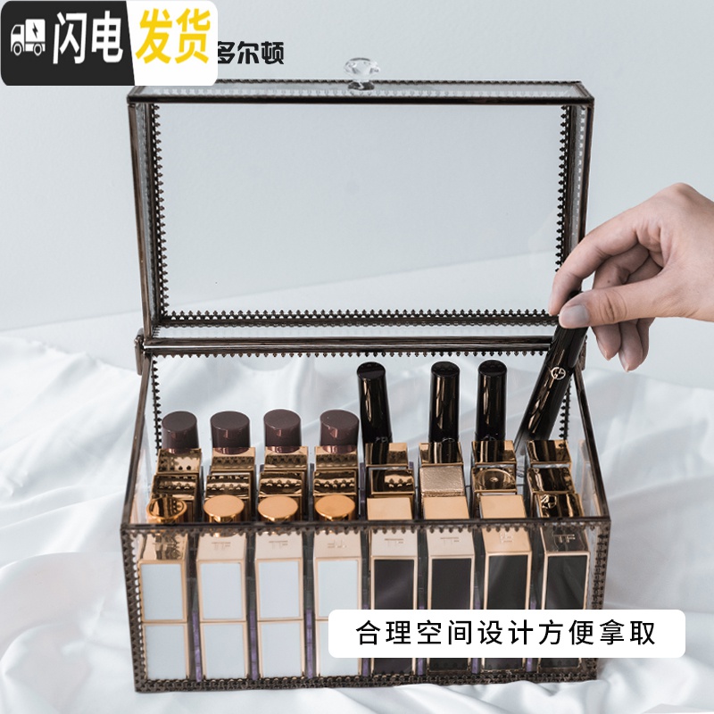 三维工匠玻璃口红化妆品收纳盒小型唇釉ins多格翻盖防尘少女心口红展示架高清大图