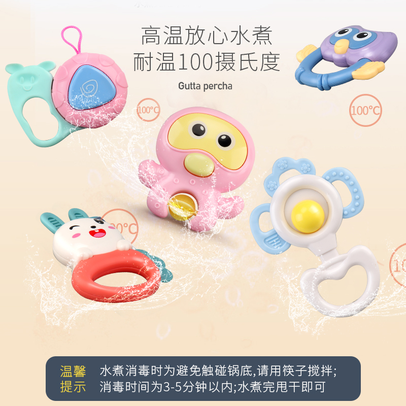 婴儿拨浪鼓可啃咬3-6三个月儿宝宝手摇铃套装婴幼儿玩具0-1岁 摇铃6件套[礼盒装]+兔子早教机[颜色随机]高清大图