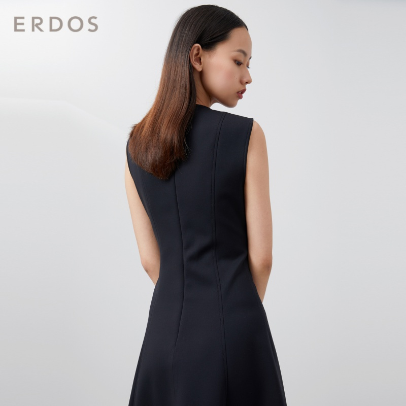 ERDOS 20春夏圆领纯色简约无袖中长款连衣裙收腰显瘦