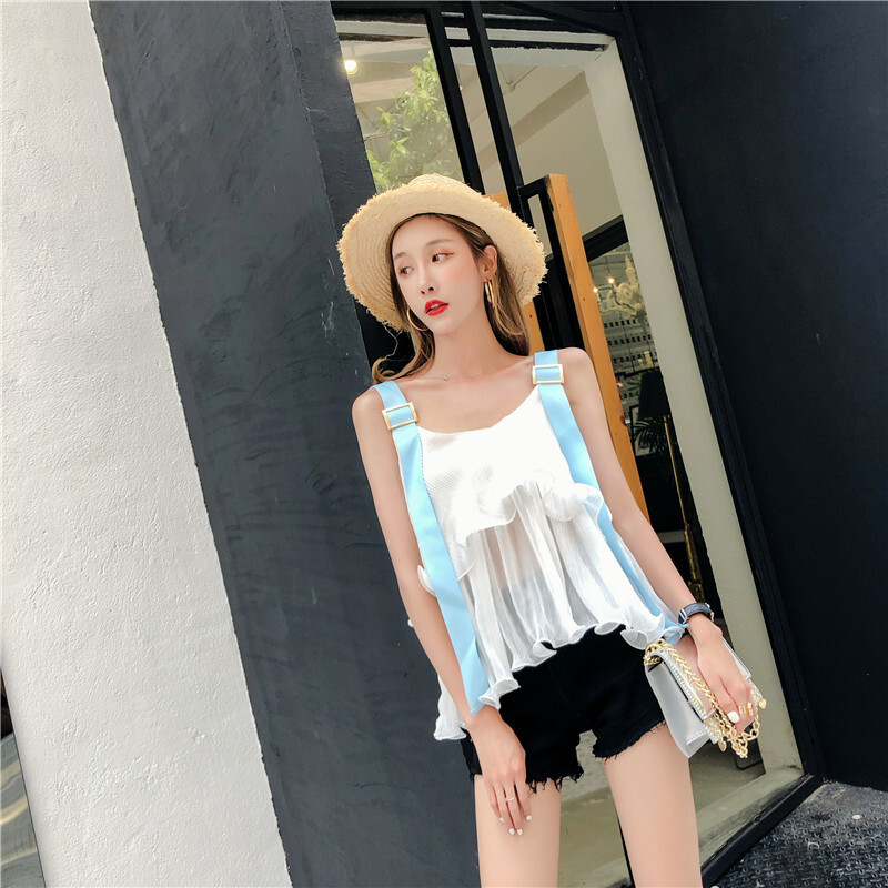 时尚新款女装夏新气质荷叶边雪纺衫带上衣+高腰钉珠牛仔短裤潮