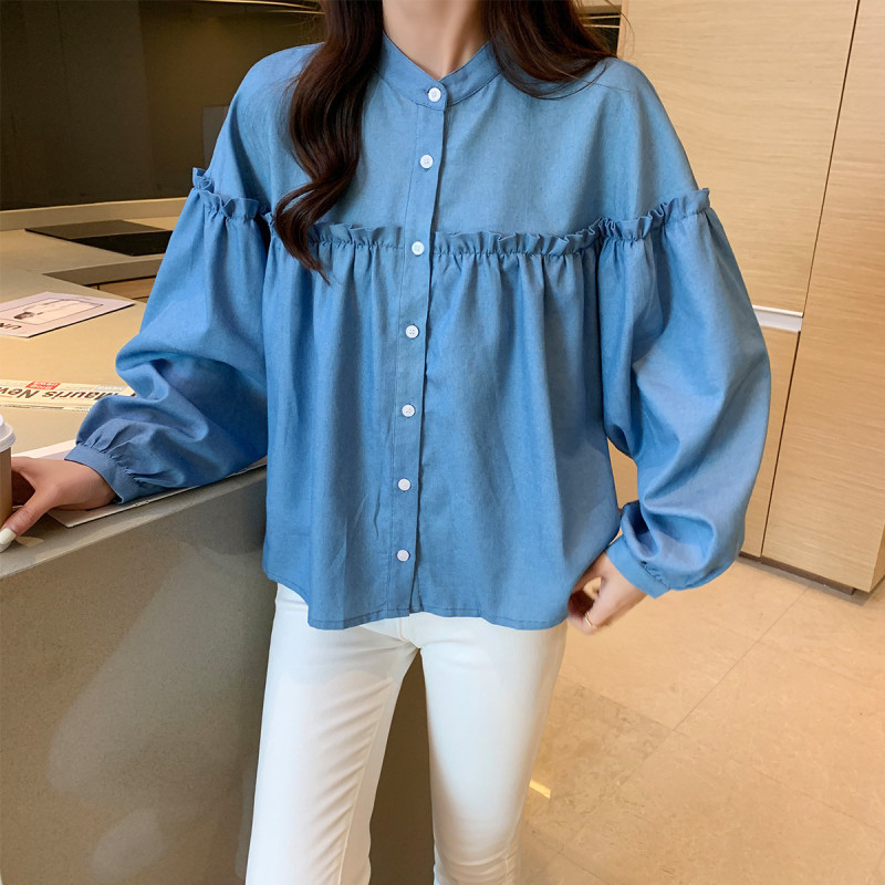 唐狮秋季衬衫女荷叶边分割长袖衬衣气质淑女纯色上衣百搭