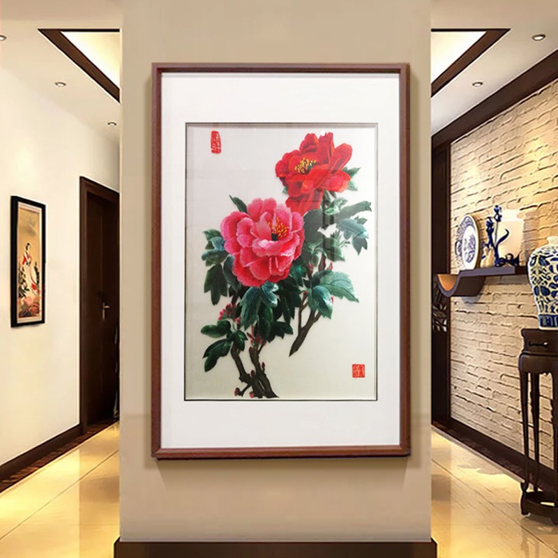 祺匠屋 苏州刺绣画成品苏绣十字绣湘绣中式客厅画花开富贵牡丹图入户