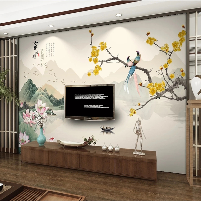 背景墙壁纸墙纸墙布中式山水花鸟喜鹊客厅无缝整张定制3d立体整张壁画