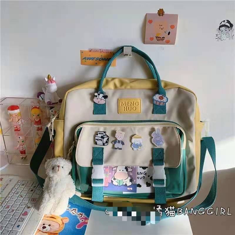 韩国ins学院风两用书包女日系可爱卡通学生森系大容量手提斜挎包 蓝色[斜跨版标准款] 裸包