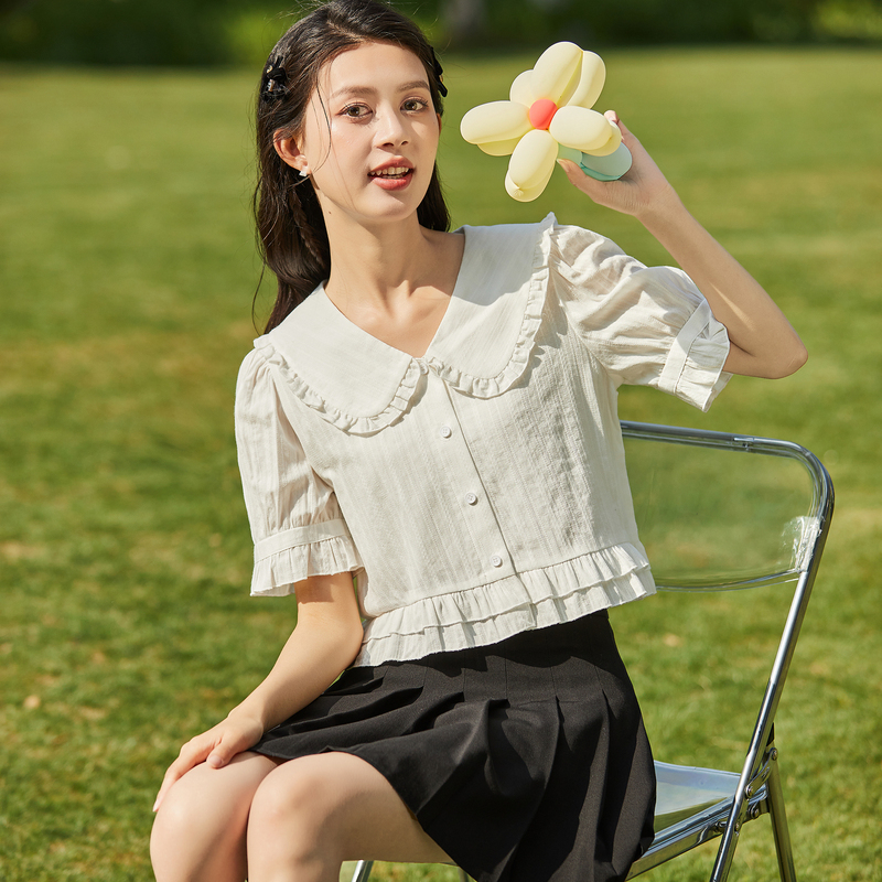 [1折价42.9元叠加优惠券]唐狮夏季新款短袖衬衫女白色娃娃领泡泡袖衬衣甜美韩系上衣