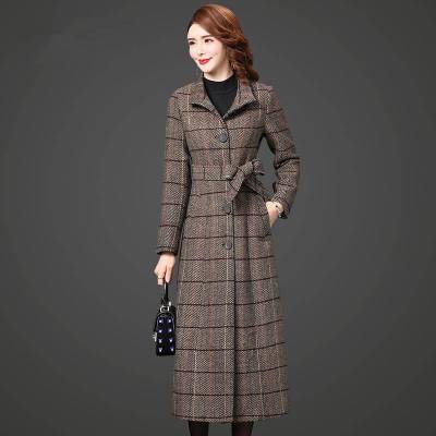 梓凡2019秋冬新款韩版修身千鸟格毛呢外套女中长款过膝格子加厚长款大衣_1