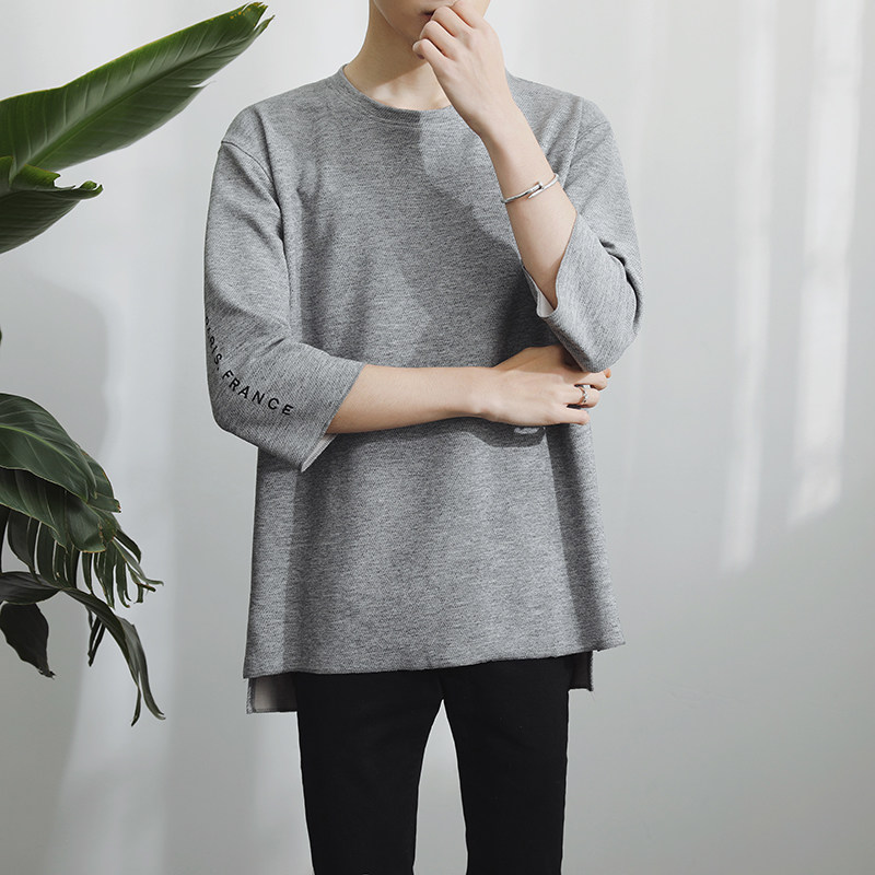 春夏秋文艺范七分袖简约刺绣圆领t恤丅血裇桖体恤男宽松大码7分粉参数