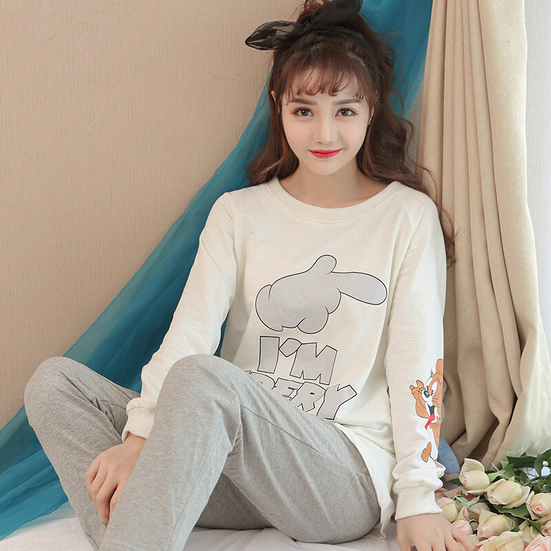 纯色娇小睡衣女春秋季纯棉长袖长裤萌可爱初中学生155cm外穿套装