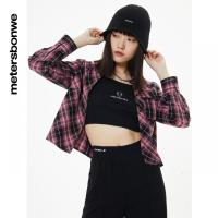 [2件2折价:50]美特斯邦威女时尚工装口短衬衫秋冬针织格纹修身短款上衣