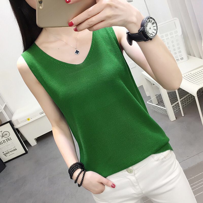 无袖针织背心女夏v领宽松外穿韩版短款性感外搭t恤带打底衫春秋