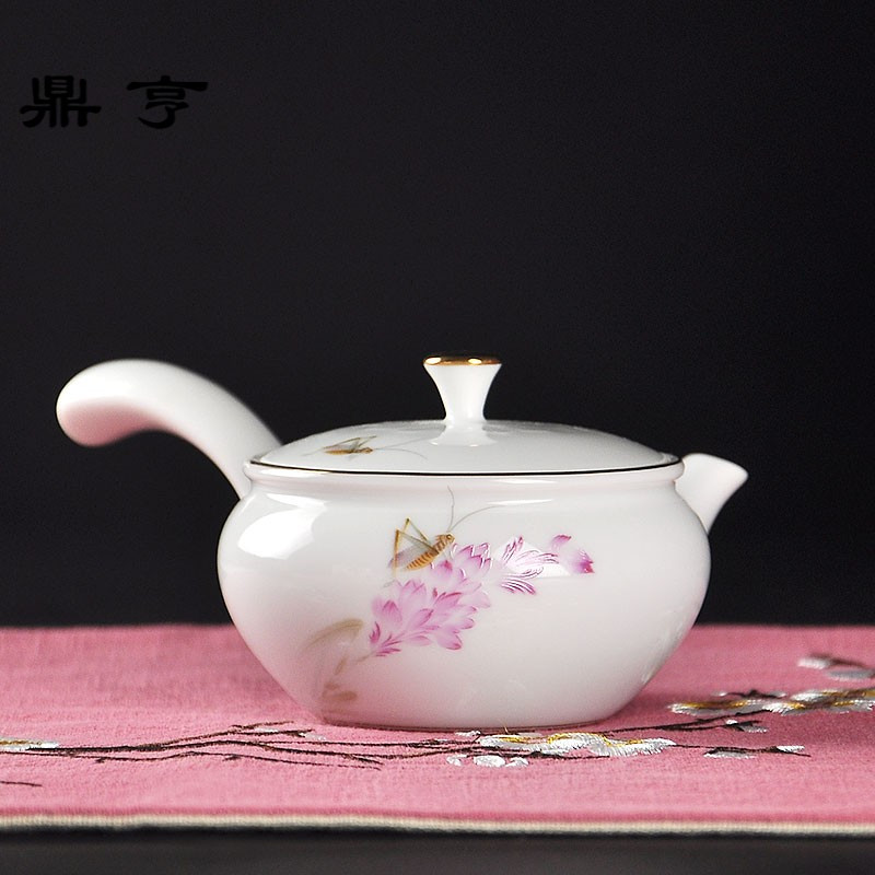 鼎亨秋韵德化白瓷家居田园风浅浮金边侧把壶冲泡茶壶器陶瓷功夫