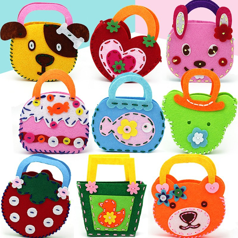 儿童手工制作无纺布不织布3d手工制作小花拎包diy玩具手提包