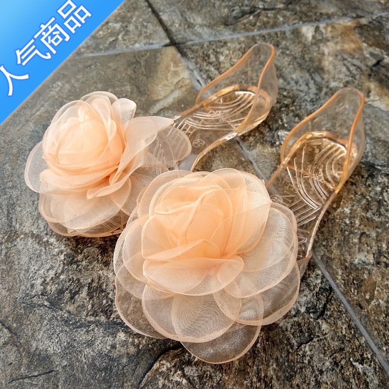 SUNTEK网红韩版新款果冻凉鞋夏女平底大花朵鱼嘴透明水晶塑料平跟夏U明高清大图