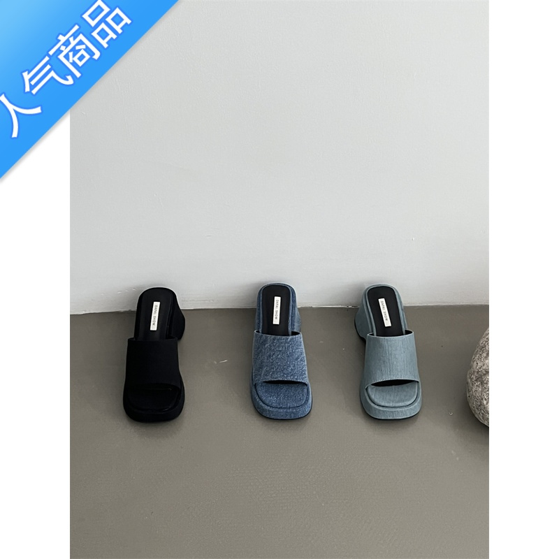 SUNTEK2023新款小个子显瘦凉拖厚底一字拖鞋增高松糕底牛仔布女外穿凉鞋