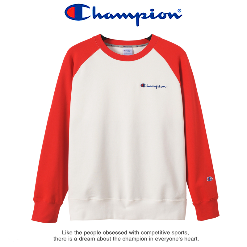 Champion 冠军春季装情侣拼色圆领运动卫衣男女士小标刺绣长袖上衣 9045