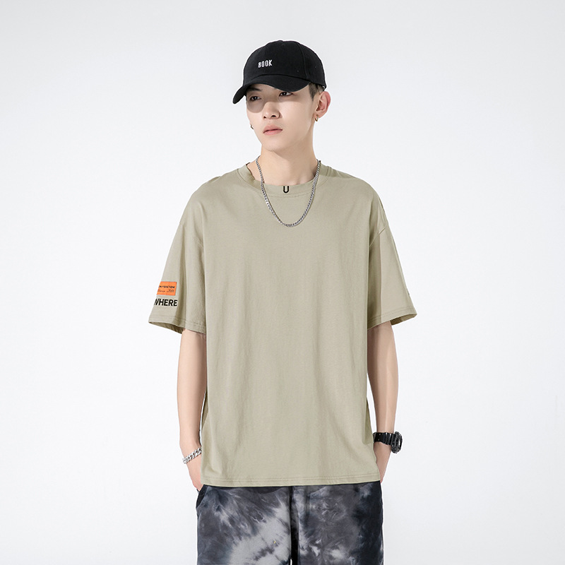 短袖T恤男夏季韩版圆领打底衫绣花宽松纯棉上衣半袖体恤男士