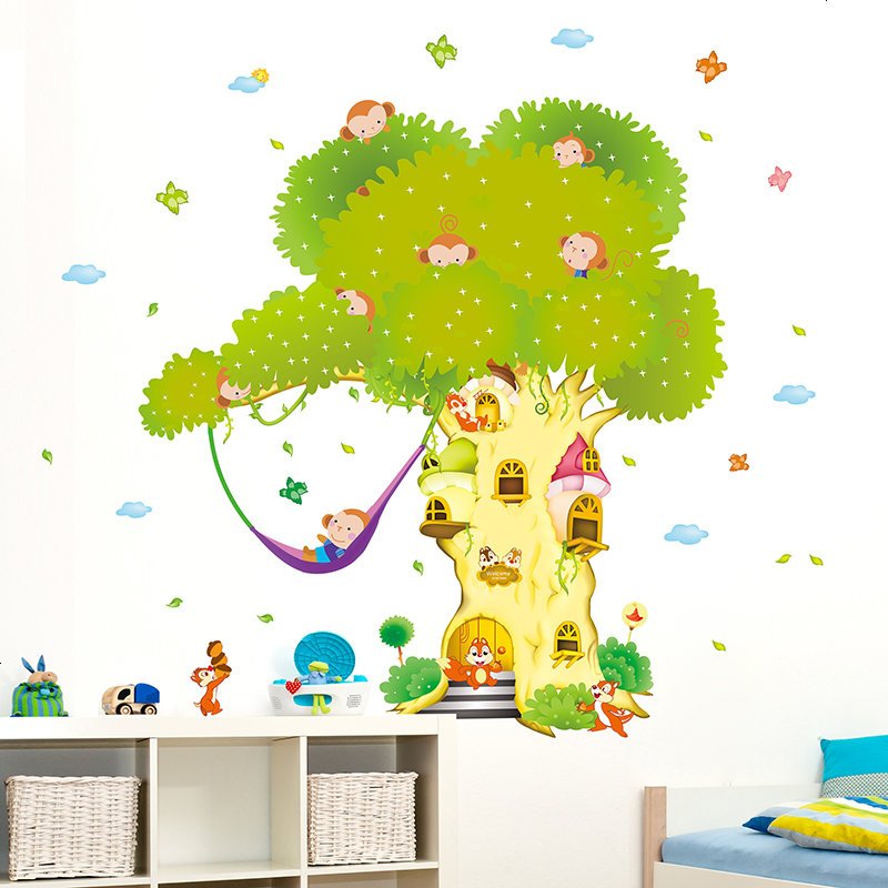 卡通可爱婴儿童房幼儿园教室布置装饰墙壁纸自粘墙贴纸贴画小树屋