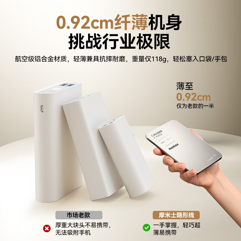 摩米士(MOMAX)超轻薄3C认证30W自带线充电宝10000毫安钛金色IP158高清大图