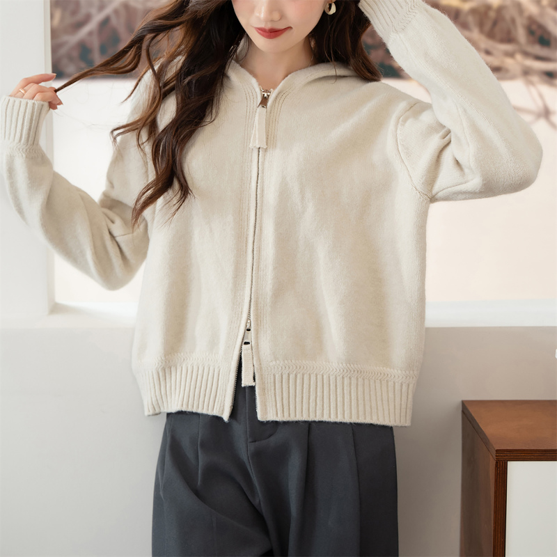 唐狮新款冬季百搭双头拉链连帽针织开衫女韩版chic白色毛衣qd