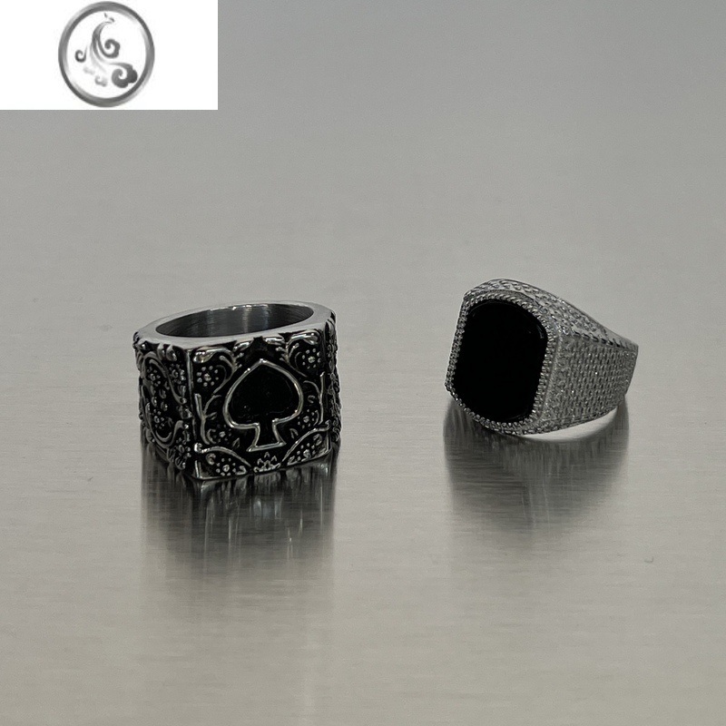 jimi扑克黑桃戒指男款潮牌复古黑宝石嘻哈女酷食指戒钛钢指环男士配饰