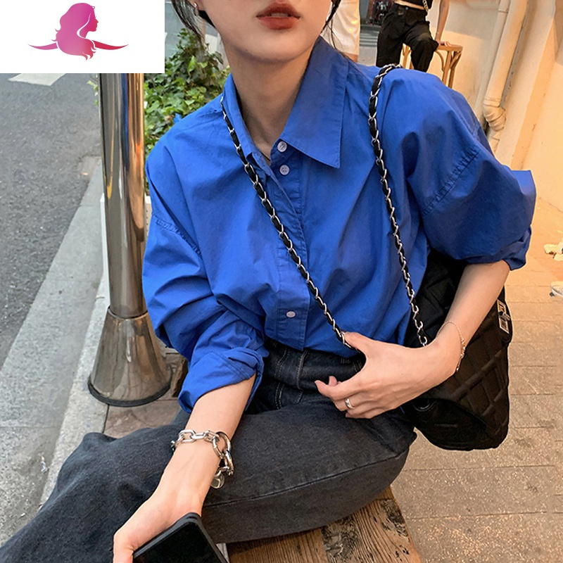 新款复古宝蓝色衬衫女设计感中长款外穿上衣港味宽松休闲长袖衬衣衬衫