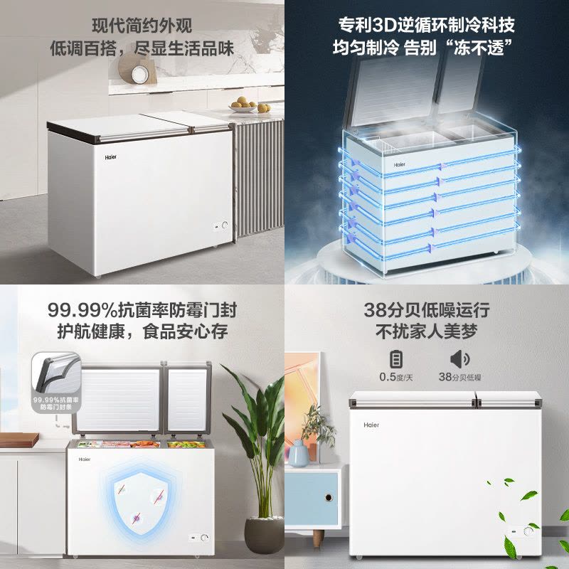 海尔(Haier)210升卧式冰柜冷柜 大冷冻小冷藏冰箱 双温储鲜双重抗菌 100h断电保护 FCD-210GHXD图片