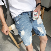 港风夏款男士破洞牛仔裤修身百搭学生五分短裤潮刮烂乞丐时尚潮牌