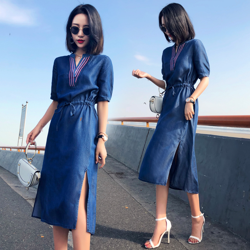女士夏款新品天丝牛仔连衣裙女装韩版收腰系带短袖中长款休闲裙子
