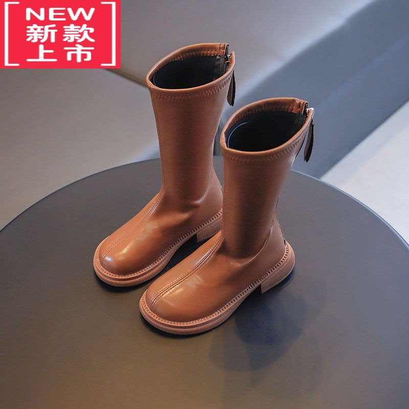 可莉允女童长靴2022秋冬季新款小女孩纯色皮靴高筒靴儿童靴子防滑长筒靴图片