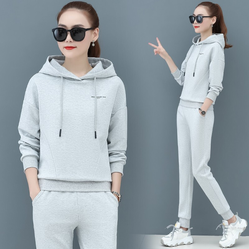 均妮品牌运动套装女春秋棉质青年女士时尚卫衣运动装女简约易搭套头连